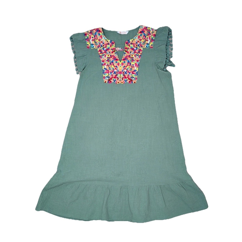 Kirundo Shift Dress Womens Large Green Embroidered Pom Pom Sleeve Boho  Casual